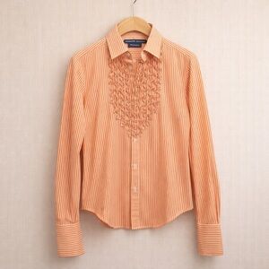 RALPH LAUREN Striped Cotton Ruffle Bib Blouse Orange White Button Small
